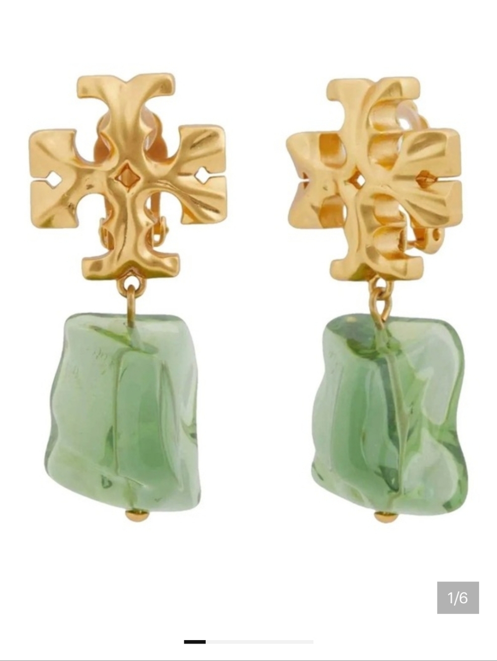 Tory Burch ROXANNE gold logo + green ice cube drop & dangle statement earrings